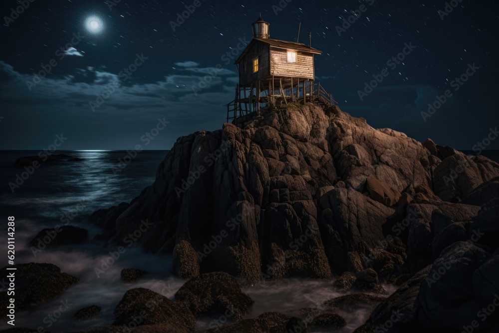 Photo of a lighthouse and Its seaside sanctuary with a wooden shed