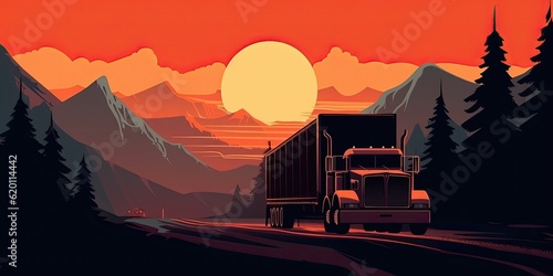 Truck driving on the highway, car headlight, speed, logistical traffic background. AI © Beast-Art-St