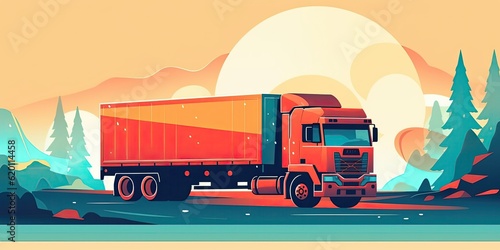 Truck driving on the highway, car headlight, speed, logistical traffic background. AI