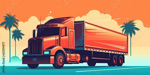 Truck driving on the highway, car headlight, speed, logistical traffic background. AI