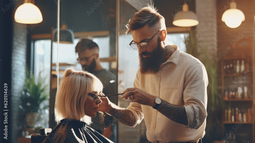 Male north european hairdresser giving a haircut to a handsome woman client in a profesional beauty salon, sunny day, natural lightning