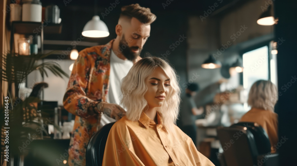 Male north european hairdresser giving a haircut to a handsome woman client in a profesional beauty salon, sunny day, natural lightning Male north european hairdresser giving a haircut to a handsome woman client in a profesional beauty salon, sunny day, natural lightning