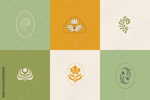 Vector set of logo design templates, organic cosmetic, floral illustration in simple linear hand drawn style, plants and flowers, natural products emblems, for hand crafted small business