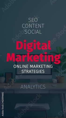 Digital Marketing and Online Strategies in Word Cloud Animation. Vertical Video