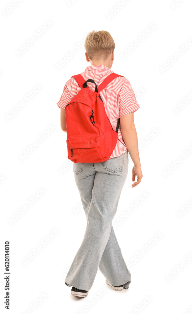 Female student with backpack on white background, back view Female student with backpack on white background, back view