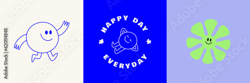 Vector logo design template and graphic elements for advertising, branding, posters and banners, funny cartoon illustrations with smiling character and mascots, abstract stickers and line icons