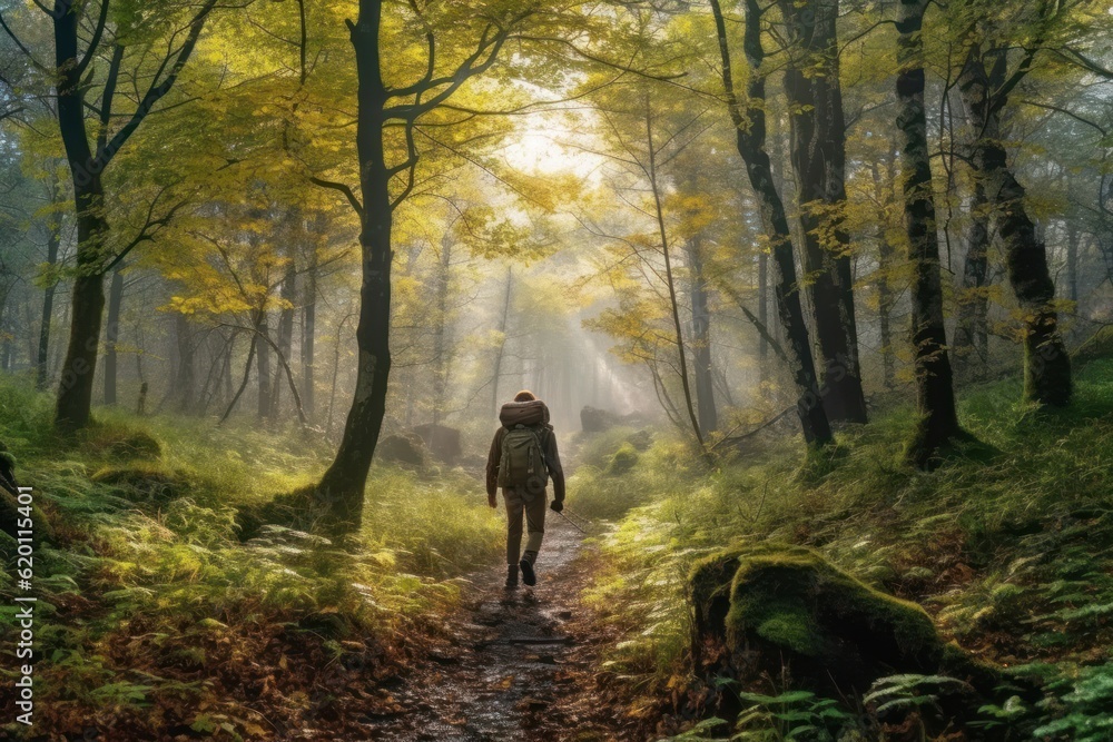 Captivating photo capturing a man hiking in the serene morning light of a beautiful deciduous forest. Generative AI. Captivating photo capturing a man hiking in the serene morning light of a beautiful deciduous forest. Generative AI.