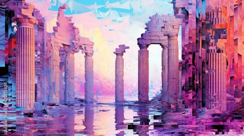 Greek Ruins Enveloped by Waterfalls Wallpaper - Set Against a Tricolor Pattern of Pink, Blue, and Purple on an Abstract White Background - Mushroomcore Glitch Art Created with Generative AI Technology