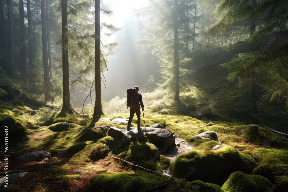 Captivating photo capturing a man hiking in the serene morning light of a beautiful deciduous forest. Generative AI. Captivating photo capturing a man hiking in the serene morning light of a beautiful deciduous forest. Generative AI.
