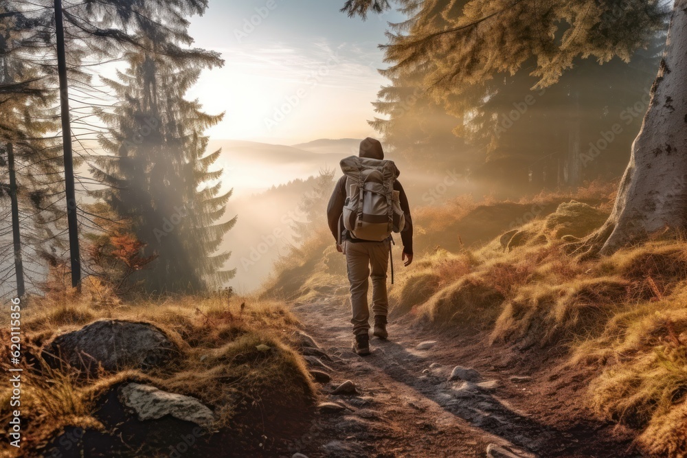 Captivating photo capturing a man hiking in the serene morning light of a beautiful deciduous forest. Generative AI.