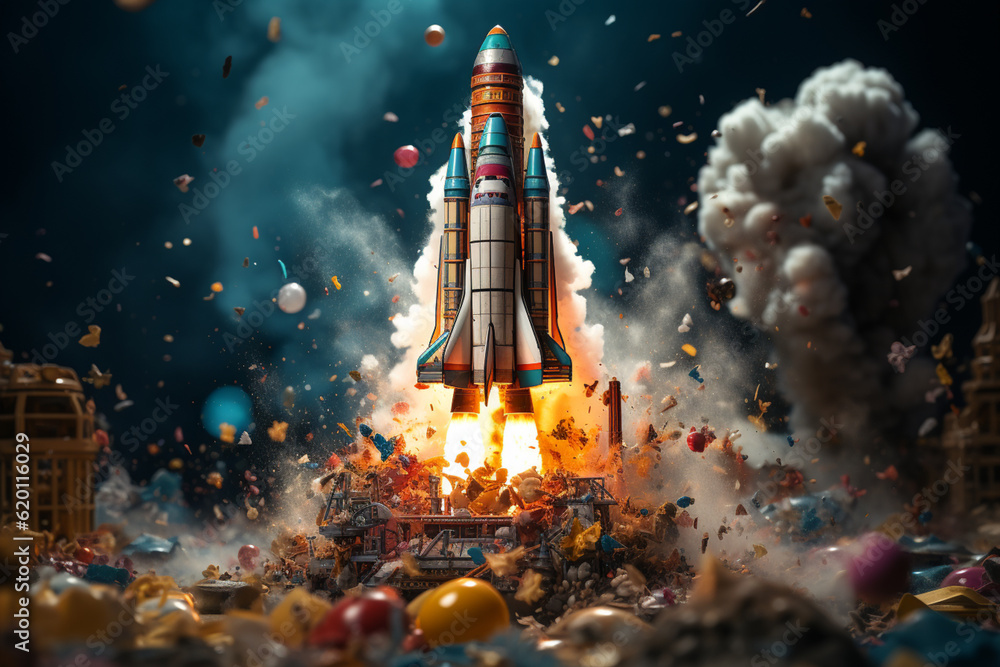 Beautiful abstract illustrations on a bokeh background, a toy rocket