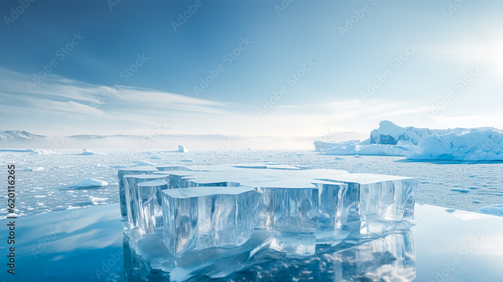 Selective focus.podium platform of ice or iceberg mountain landscap.product display table.stand abstract background.generative ai images - obrazy, fototapety, plakaty 