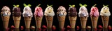 Summer food photography banner panorama long - Set of different ice cream in ice cream cone waffle, isolated on dark black background table  (Generative Ai)