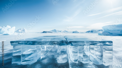 Selective focus.podium platform of ice or iceberg mountain landscap.product display table.stand abstract background.generative ai images