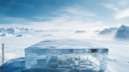 Selective focus.podium platform of ice or iceberg mountain landscap.product display table.stand abstract background.generative ai images