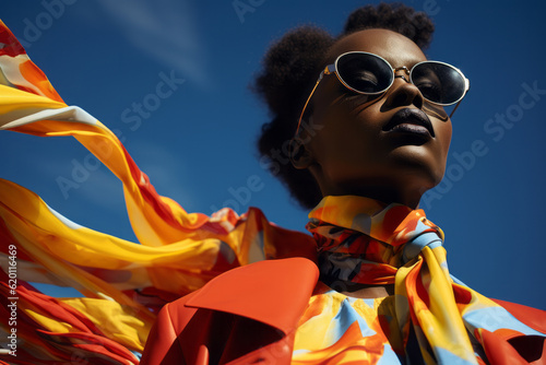 Portrait of woman in sunglasses wearing yellow scarf and red leather jacket on blue sky background. Confident inspiring high fashion female model