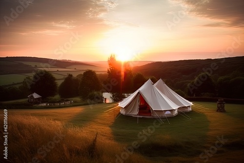 Luxury Tent Camping in Nature with Sun and Beautiful Landscape Outdoors