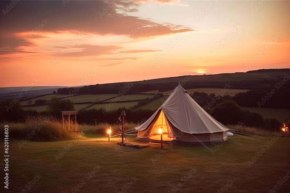 Luxury Tent Camping in Nature with Sun and Beautiful Landscape Outdoors