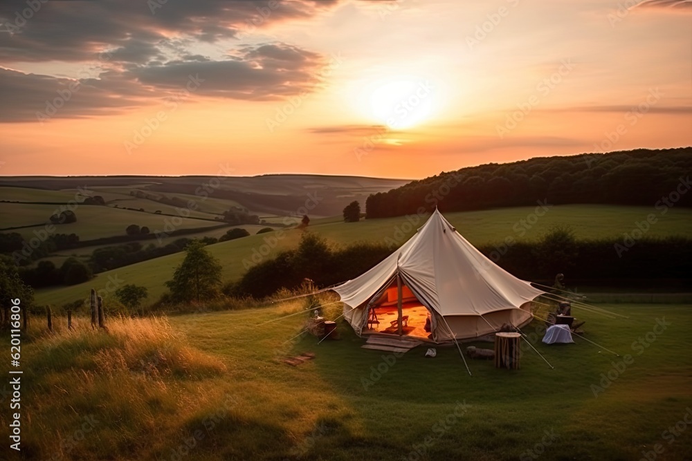 Luxury Tent Camping in Nature with Sun and Beautiful Landscape Outdoors