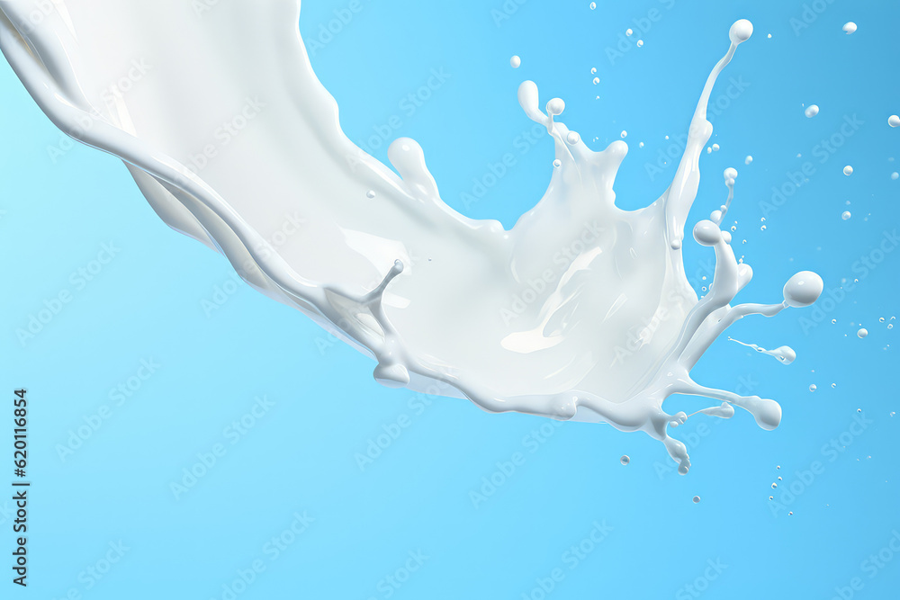 Milk white splash, white liquid or Yogurt splash, Include clipping path, mockup. 3d realistic yogurt wave isolated on light blue background. Generative AI 3d render illustration imitation.