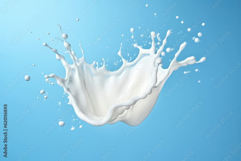 Milk white splash, white liquid or Yogurt splashes, Include clipping path. 3d realistic yogurt wave isolated on flat pastel blue background. Generative AI 3d render illustration imitation.