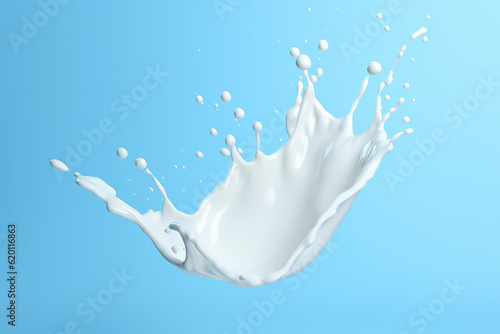 Single Milk white splash, drops, white liquid or Yogurt splash, Include clipping path. 3d realistic yogurt wave isolated on pastel blue background. Generative AI 3d render illustration imitation.