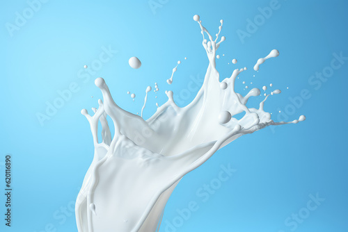 Milk white splash, white liquid or Yogurt splash, Include clipping path. 3d realistic yogurt wave isolated on flat pastel blue background. Generative AI 3d render illustration imitation.