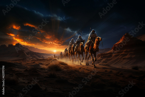 Birth of Jesus Christ in Bethlehem, three kings riding on camels through the desert night , religion and faith of christianity, bibical story of Christmas, generative AI  photo