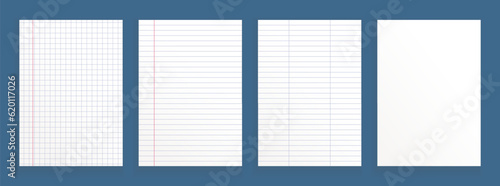 Set of four school papers, paper for mathematics, literature and drawing, realistic vector templates of school working notebook papers.