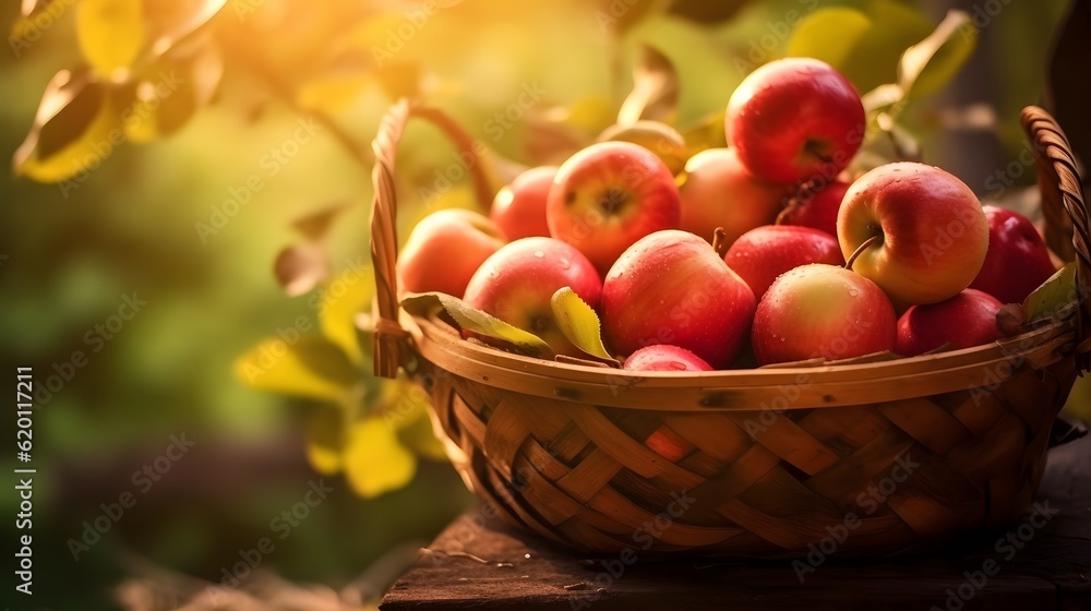 Apples. Basket with red and yellow apples on a wooden table in the garden Apples. Basket with red and yellow apples on a wooden table in the garden