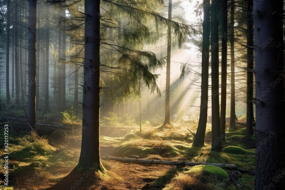 Obraz premium Deciduous forest in the soft morning light. Generative AI.