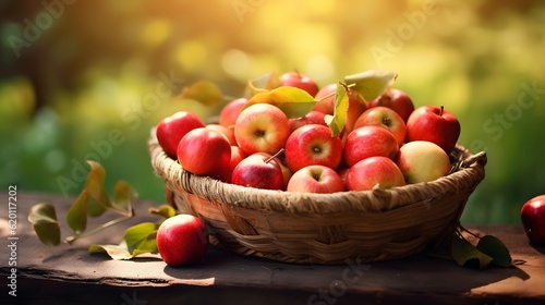 Ripe red apples in a wicker basket on a wooden table in the garden