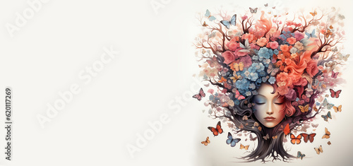 Foto Human mind with flowers and butterflies growing from a tree, positive thinking,