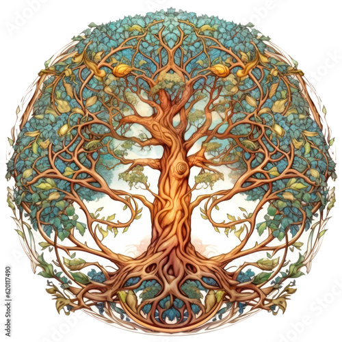 Tree of Life, Celtic tree ornament isolated with a transparent background, green and gold round design of tree created with Generative AI.
