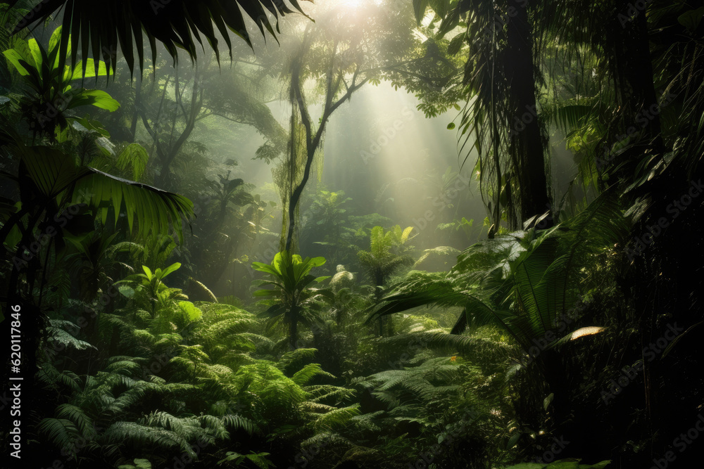 Fototapeta premium Deciduous forest in the soft morning light. Generative AI.