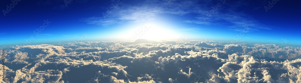 Fototapeta premium panorama of the sunset over the clouds, top view of the clouds, 3D rendering