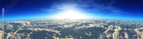 panorama of the sunset over the clouds, top view of the clouds, 3D rendering