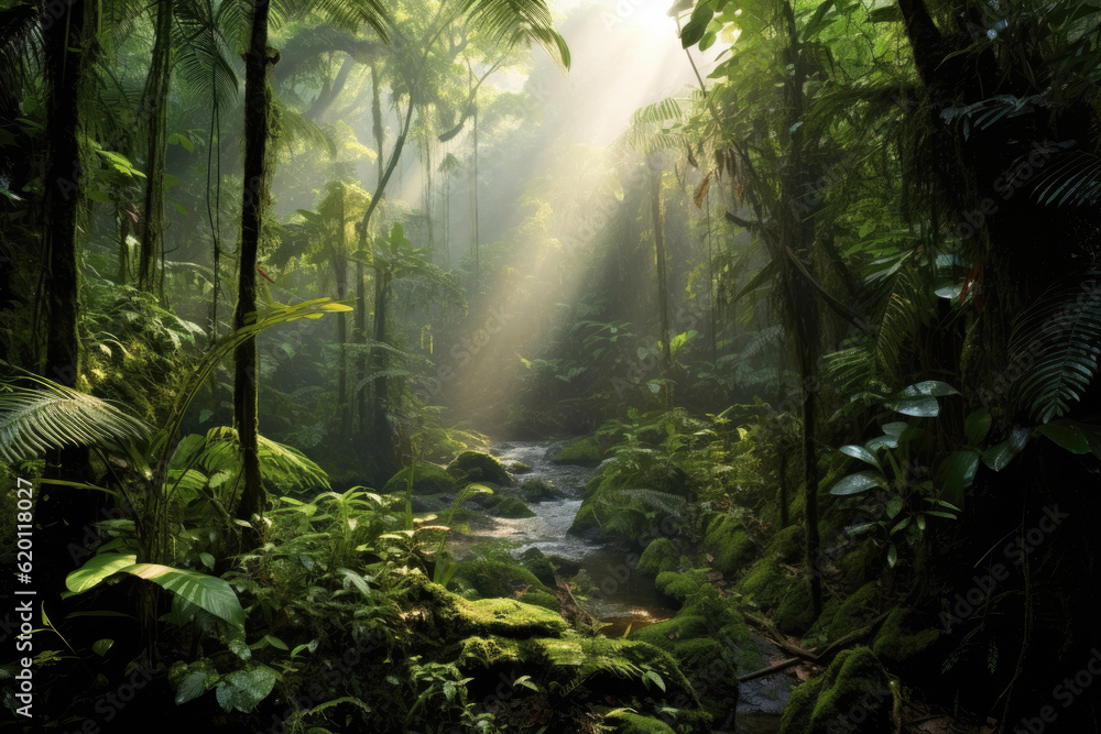 Obraz premium Deciduous forest in the soft morning light. Generative AI.