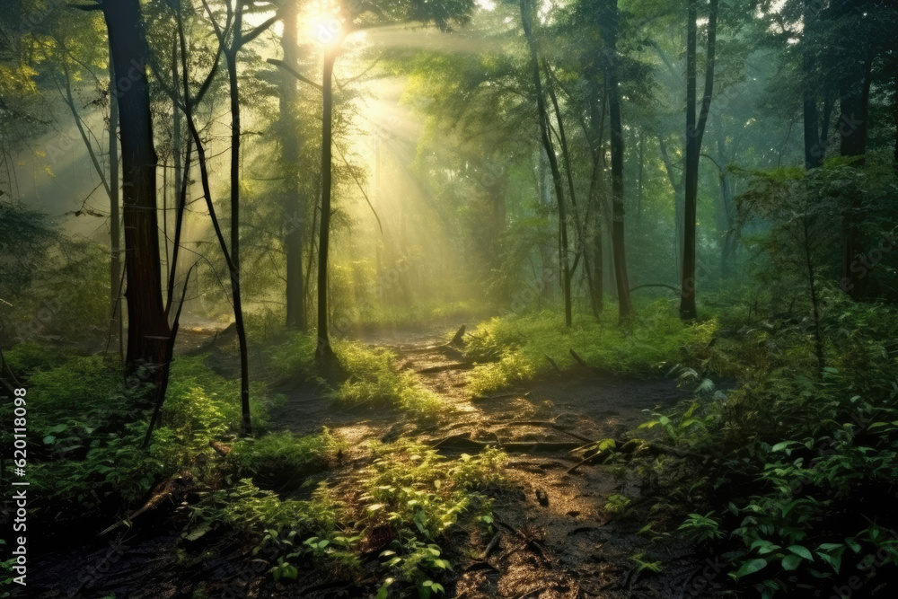 Fototapeta premium Deciduous forest in the soft morning light. Generative AI.