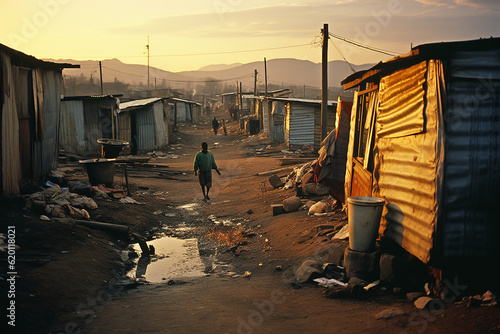 South African informal settlement poverty. Generative AI illustration photo