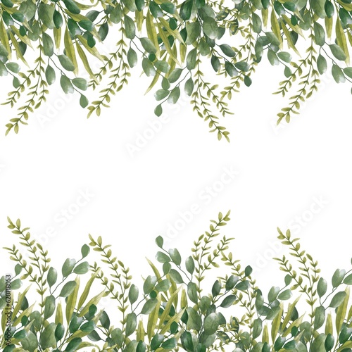 Watercolor greenery template for wedding invitation and greeting card. Floral background. Hand drawn illustration