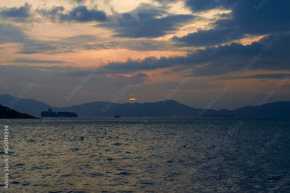Sunset view over the sea at Kennedy Town, Western District, Hong Kong