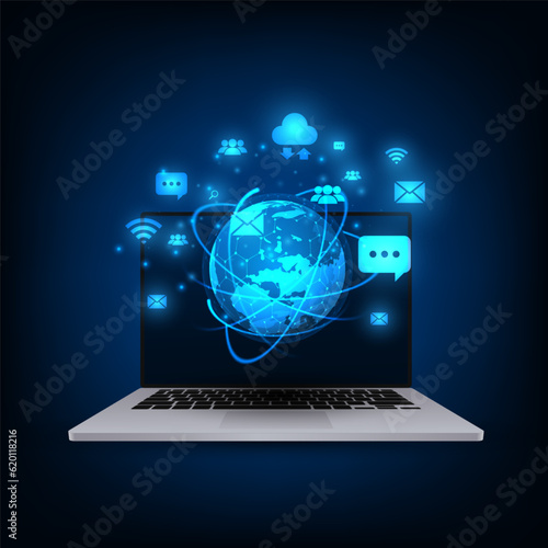 Vector social media communication concept. Laptop with internet network connection. Technology abstract background.