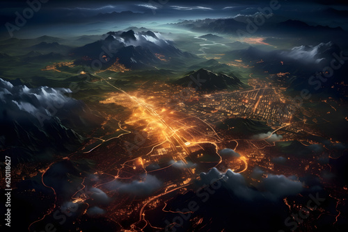 Night landscape bird eye view of storm over French alps glowing bioluminescent ponds and rivers with dark cloudy sky 