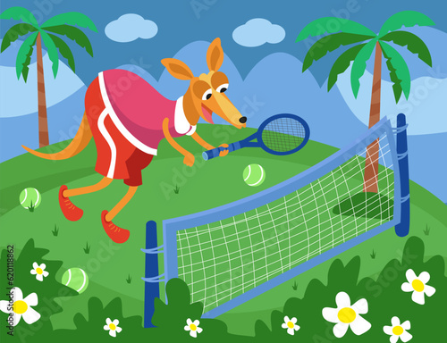 Cute kangaroo playing tennis outside. Summer landscape with palm trees. Sport for children. Tennis racket, ball, sports net. Vector cartoon illustration, scene for games, puzzles. 