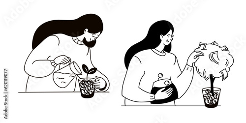 Young Woman growing and harvesting Money tree getting Profit from Successful Investment
