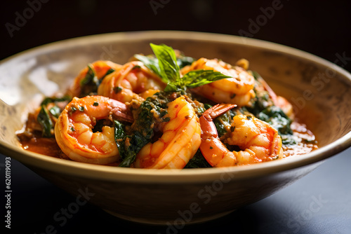 Shrimps provencal top with basil on clay pot 