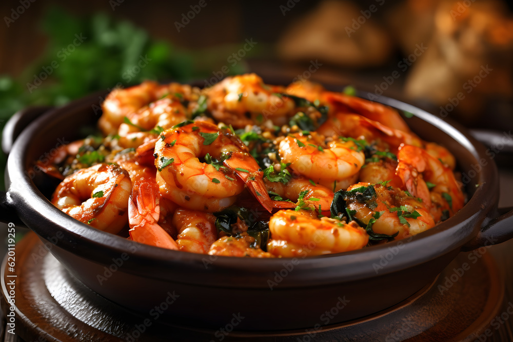 Shrimps provencal top with basil on clay pot Shrimps provencal top with basil on clay pot