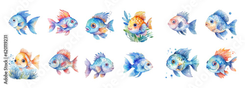 A set of illustrations of beautiful watercolor fish for children and children's books AI © Beast-Art-St