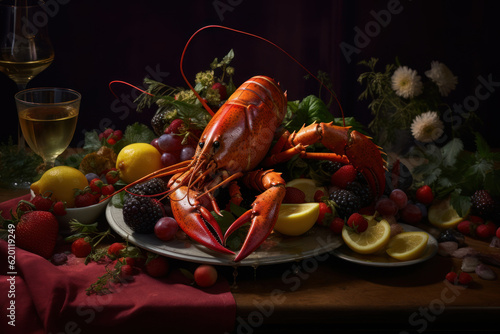 Exquisite dish featuring a large lobster tail placed gracefully on a mountain of vibrant saffron risotto, creating a visually stunning and mouthwatering culinary masterpiece. Generative AI.